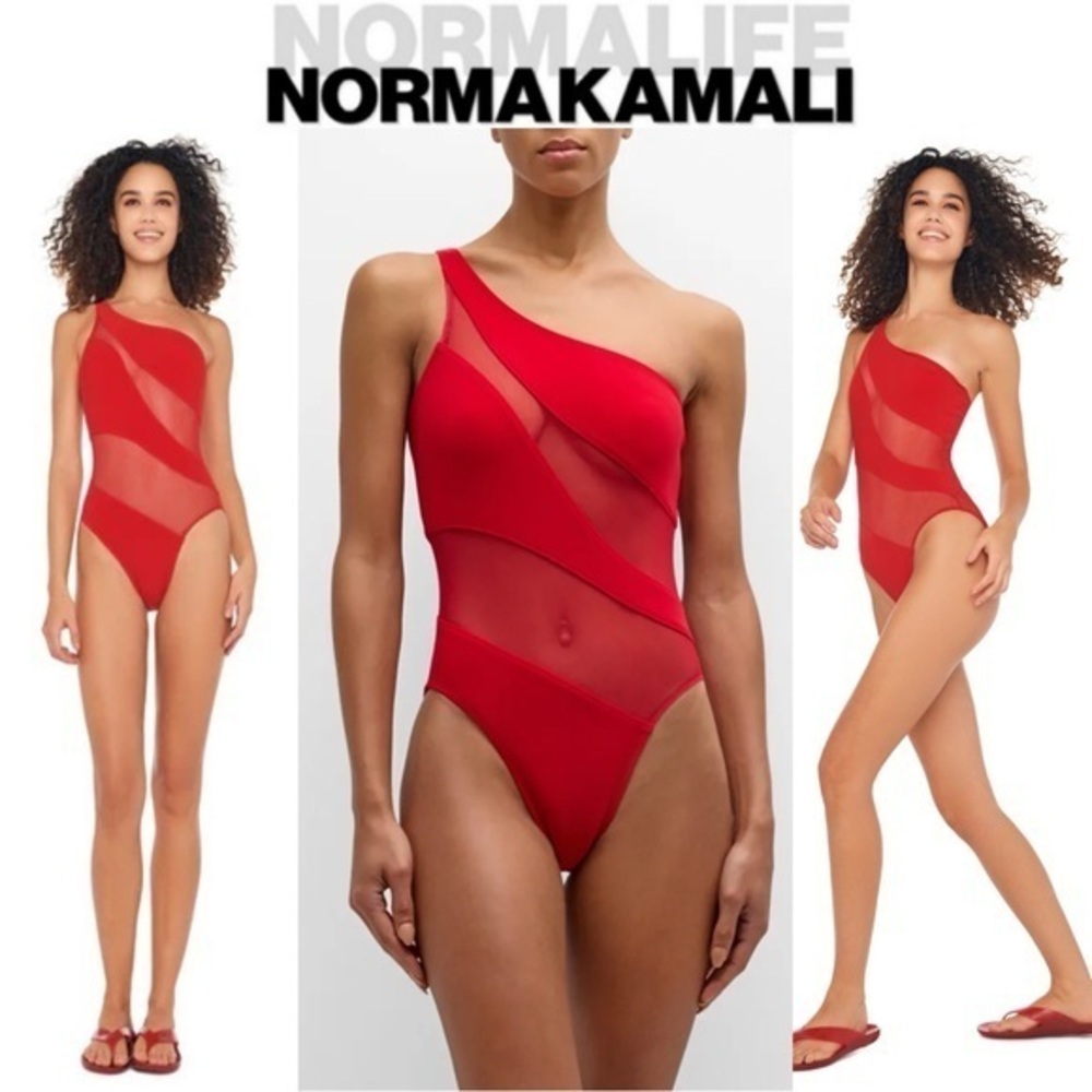 Norma Kamali Snake Mesh Stripe One Piece Swimsuit in Red sz M 265$